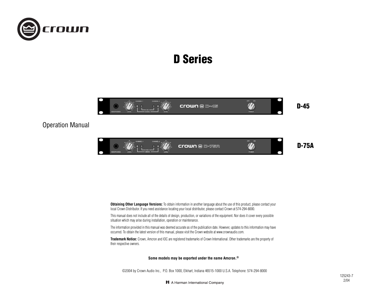Crown Audio D Series User Manual | 24 pages