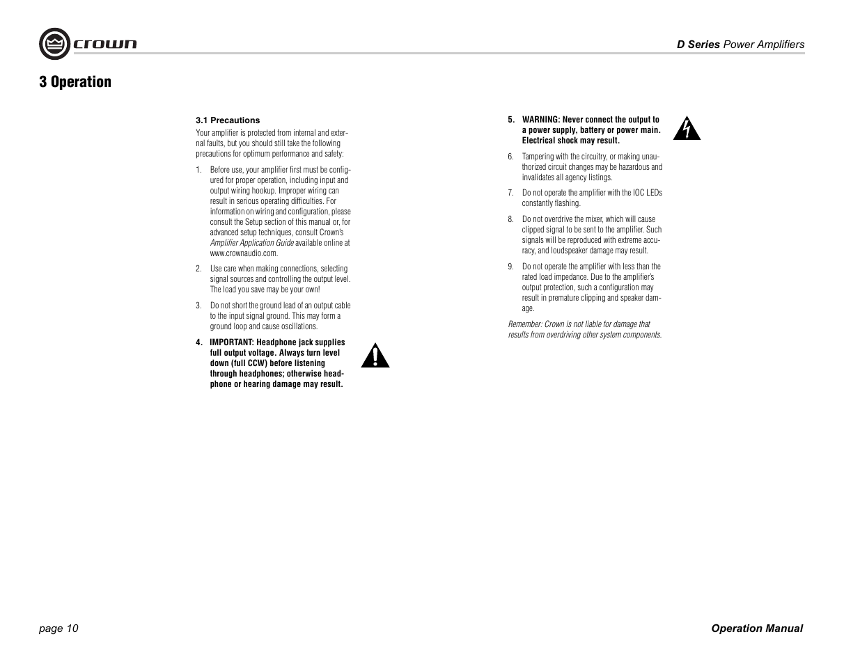 3 operation | Crown Audio D Series User Manual | Page 10 / 24