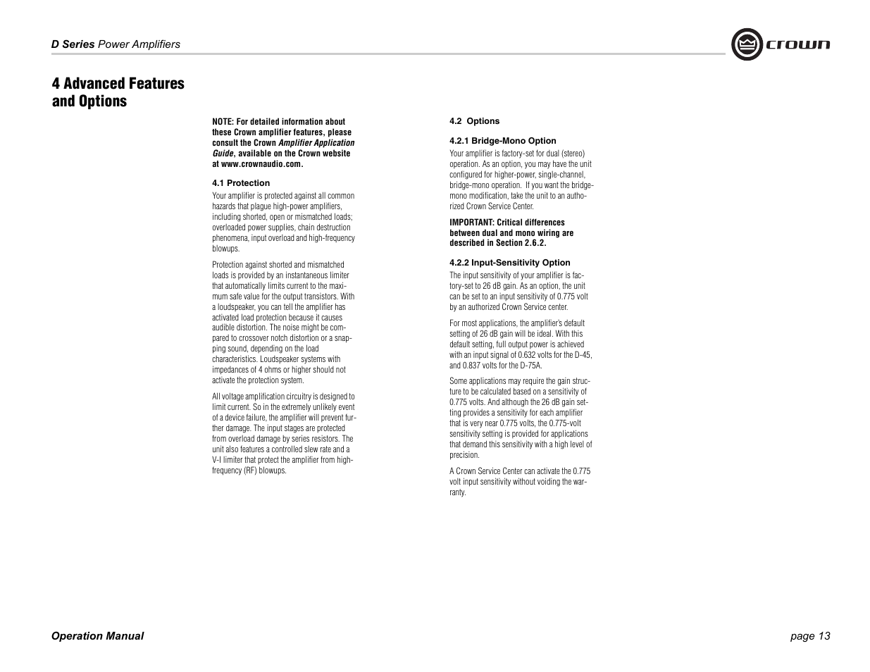 4 advanced features and options | Crown Audio D Series User Manual | Page 13 / 24
