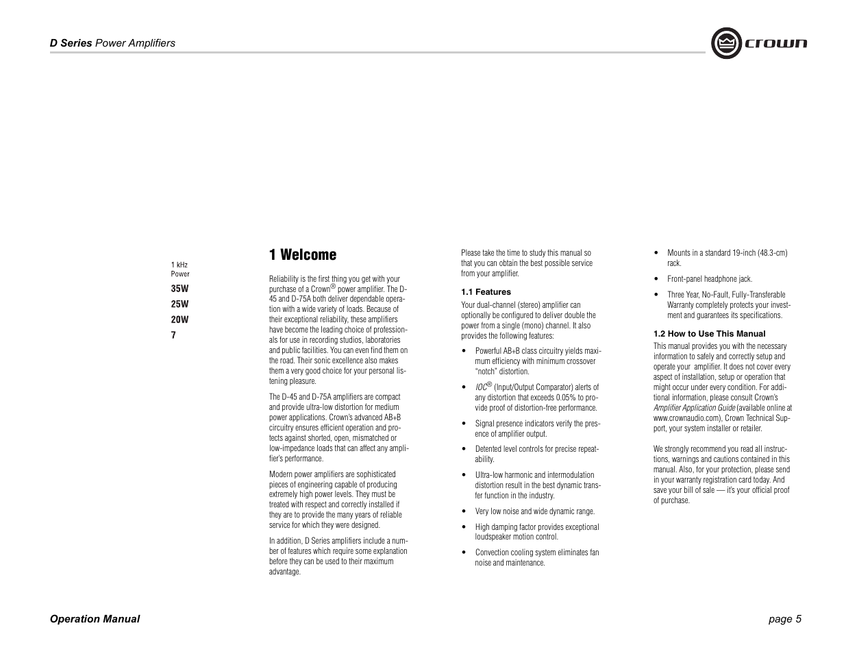 1 welcome | Crown Audio D Series User Manual | Page 5 / 24