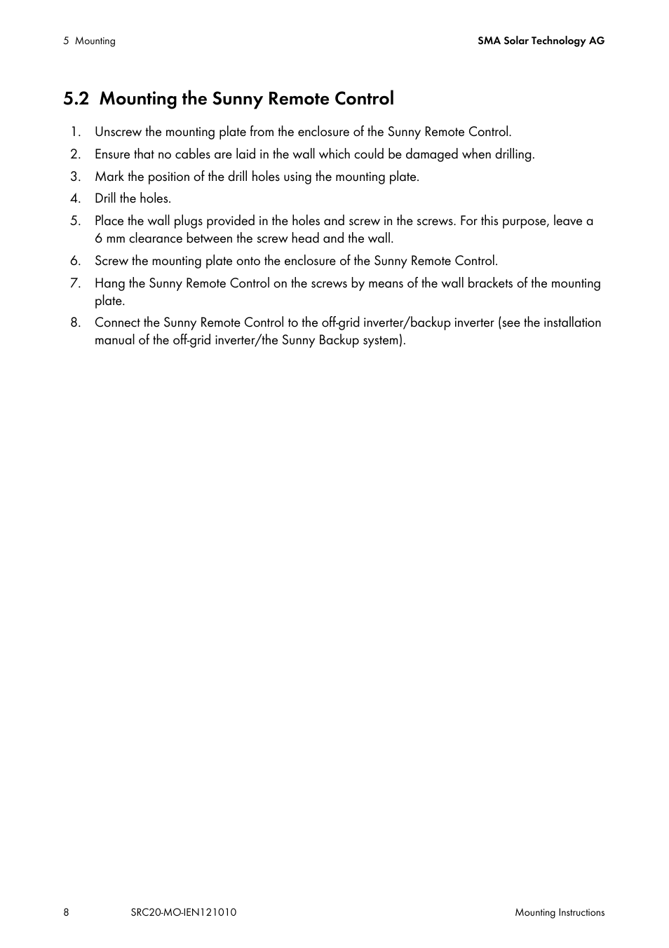 2 mounting the sunny remote control | SMA SRC-20 User Manual | Page 8 / 12
