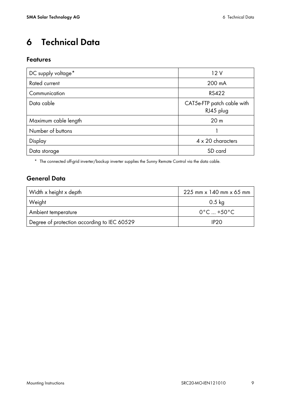 6 technical data | SMA SRC-20 User Manual | Page 9 / 12