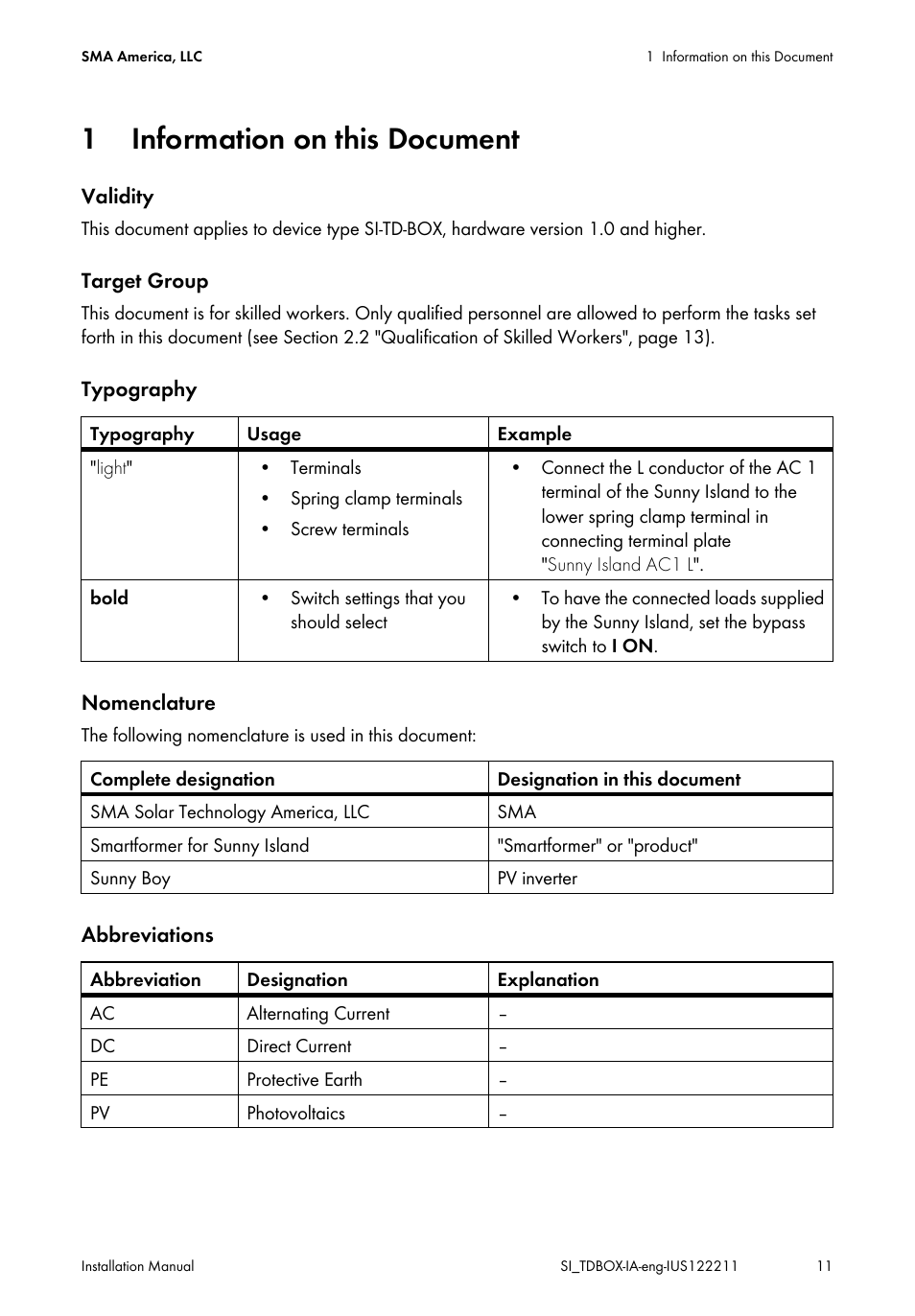 1 information on this document, Information on this document | SMA SI-TB-BOX-10 User Manual | Page 11 / 72