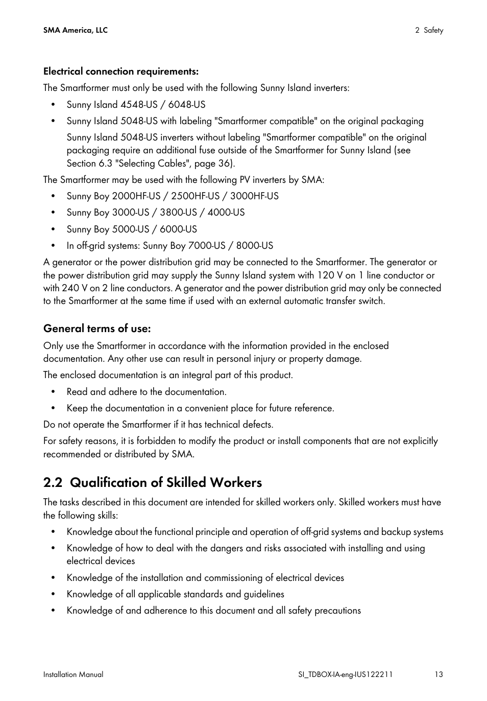 2 qualification of skilled workers, Qualification of skilled workers | SMA SI-TB-BOX-10 User Manual | Page 13 / 72
