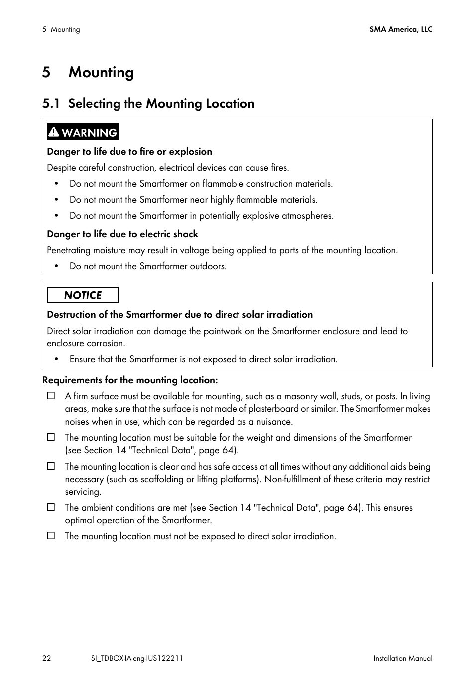 5 mounting, 1 selecting the mounting location, Mounting | Selecting the mounting location | SMA SI-TB-BOX-10 User Manual | Page 22 / 72