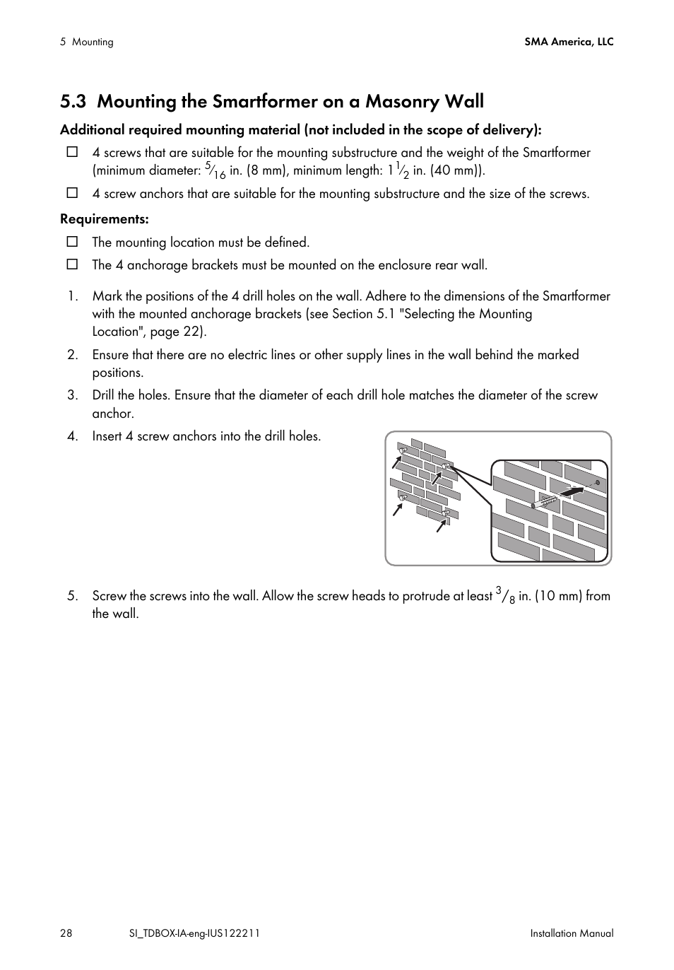 3 mounting the smartformer on a masonry wall, Mounting the smartformer on a masonry wall | SMA SI-TB-BOX-10 User Manual | Page 28 / 72