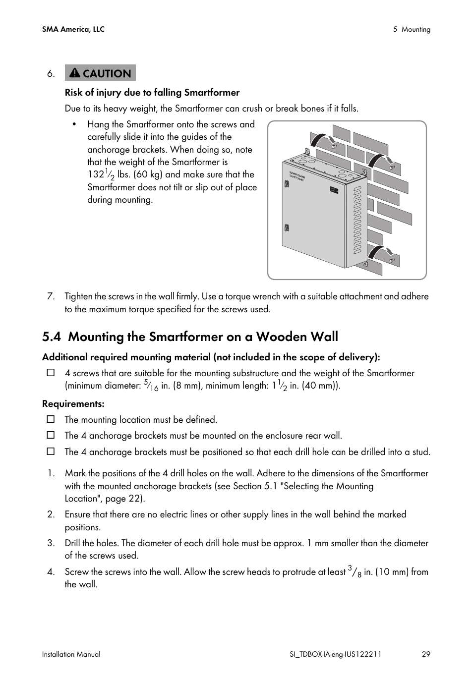 4 mounting the smartformer on a wooden wall, Mounting the smartformer on a wooden wall | SMA SI-TB-BOX-10 User Manual | Page 29 / 72
