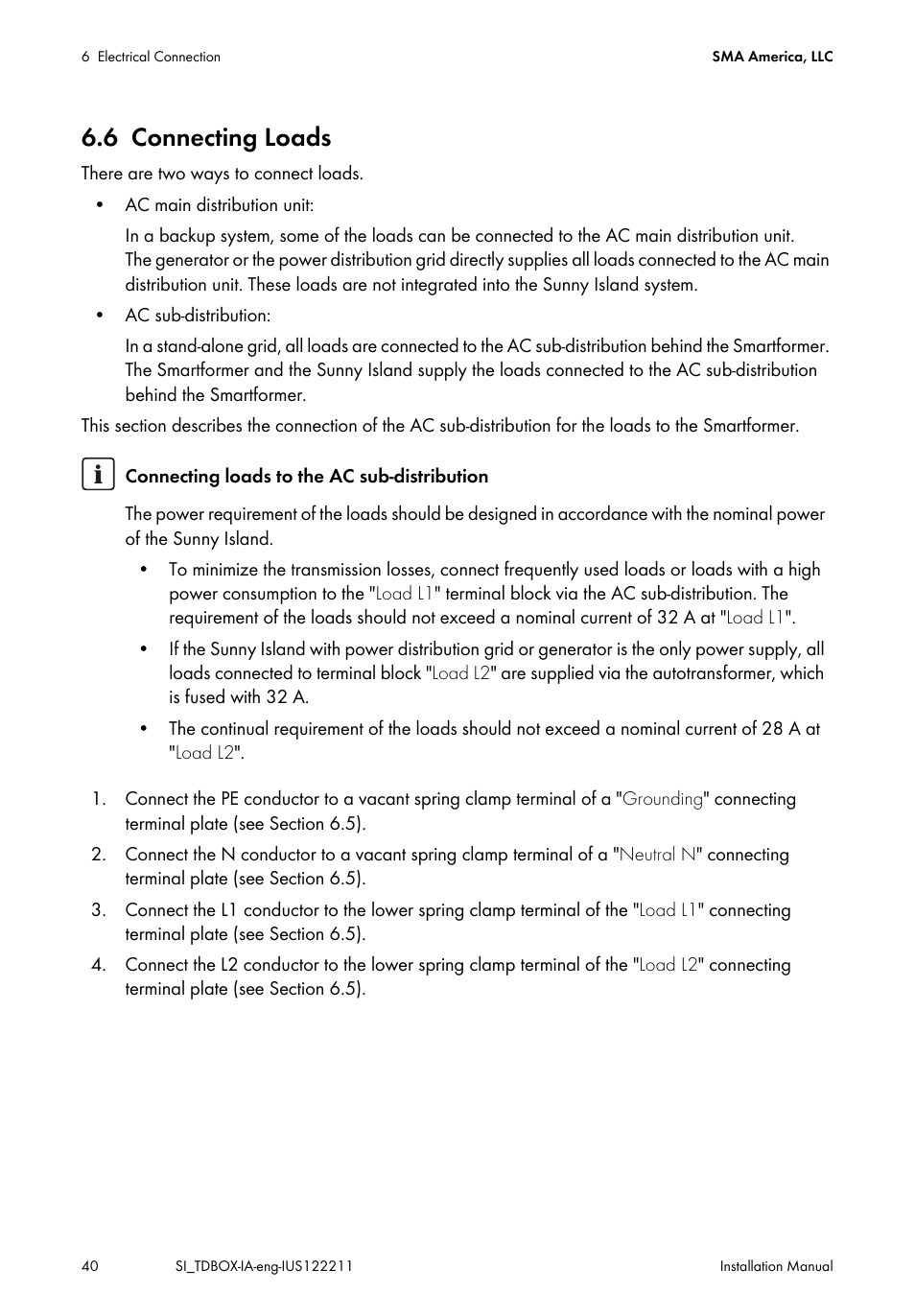 6 connecting loads, Connecting loads | SMA SI-TB-BOX-10 User Manual | Page 40 / 72