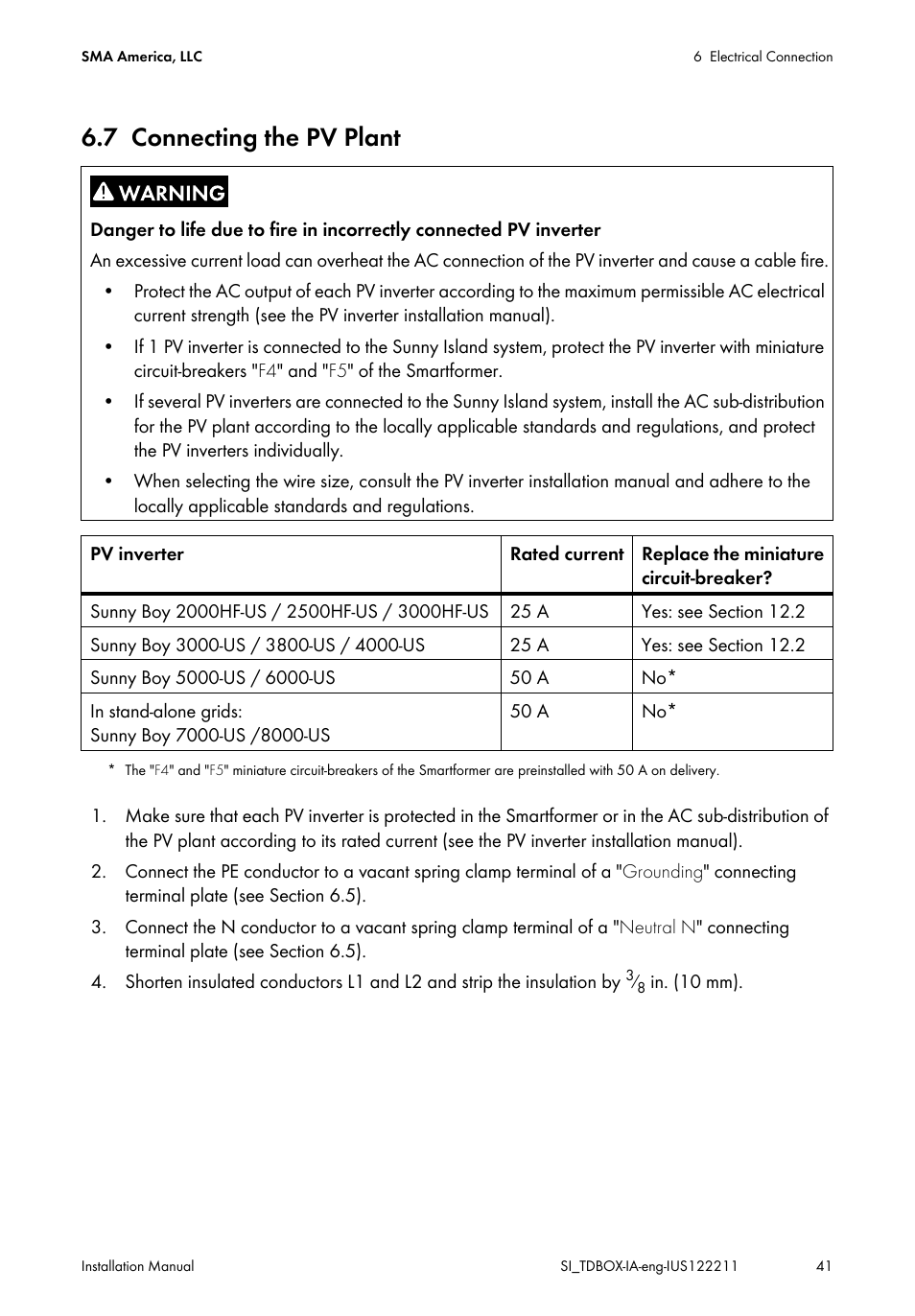 7 connecting the pv plant, Connecting the pv plant | SMA SI-TB-BOX-10 User Manual | Page 41 / 72