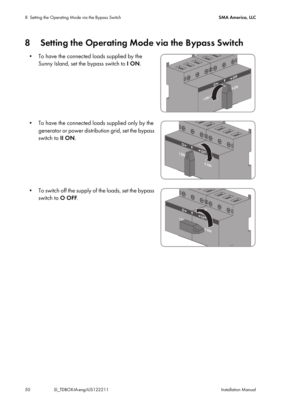 8 setting the operating mode via the bypass switch, Setting the operating mode via the bypass switch | SMA SI-TB-BOX-10 User Manual | Page 50 / 72