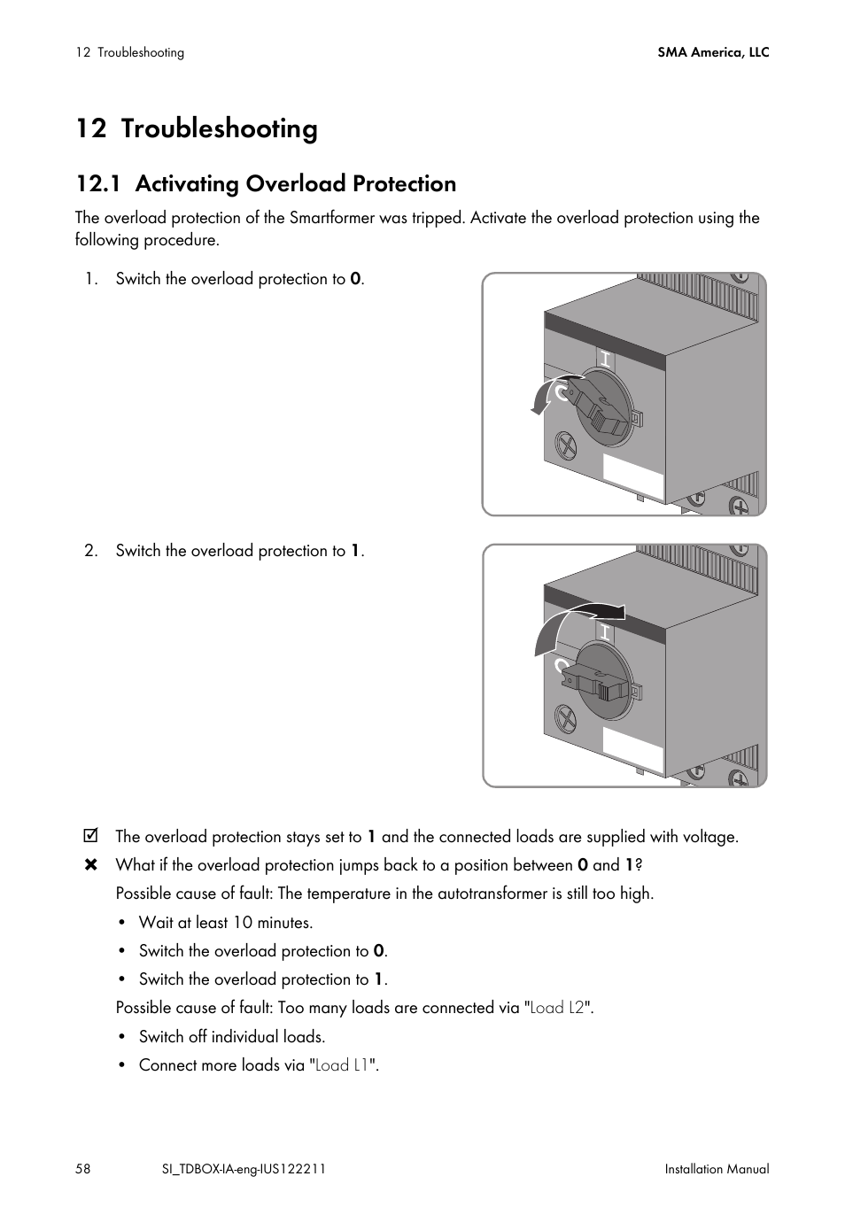 12 troubleshooting, 1 activating overload protection, Troubleshooting | Activating overload protection | SMA SI-TB-BOX-10 User Manual | Page 58 / 72