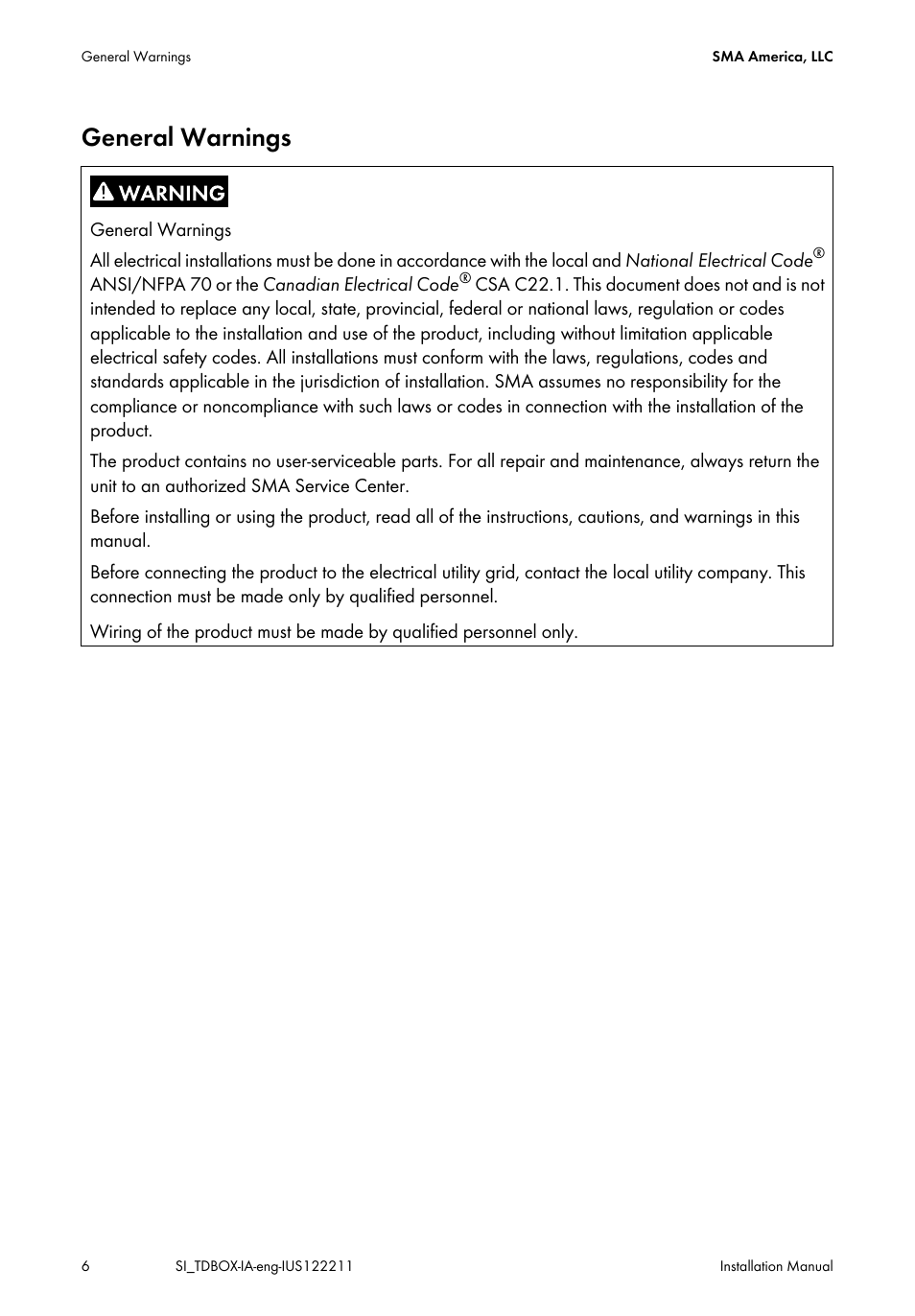 General warnings | SMA SI-TB-BOX-10 User Manual | Page 6 / 72