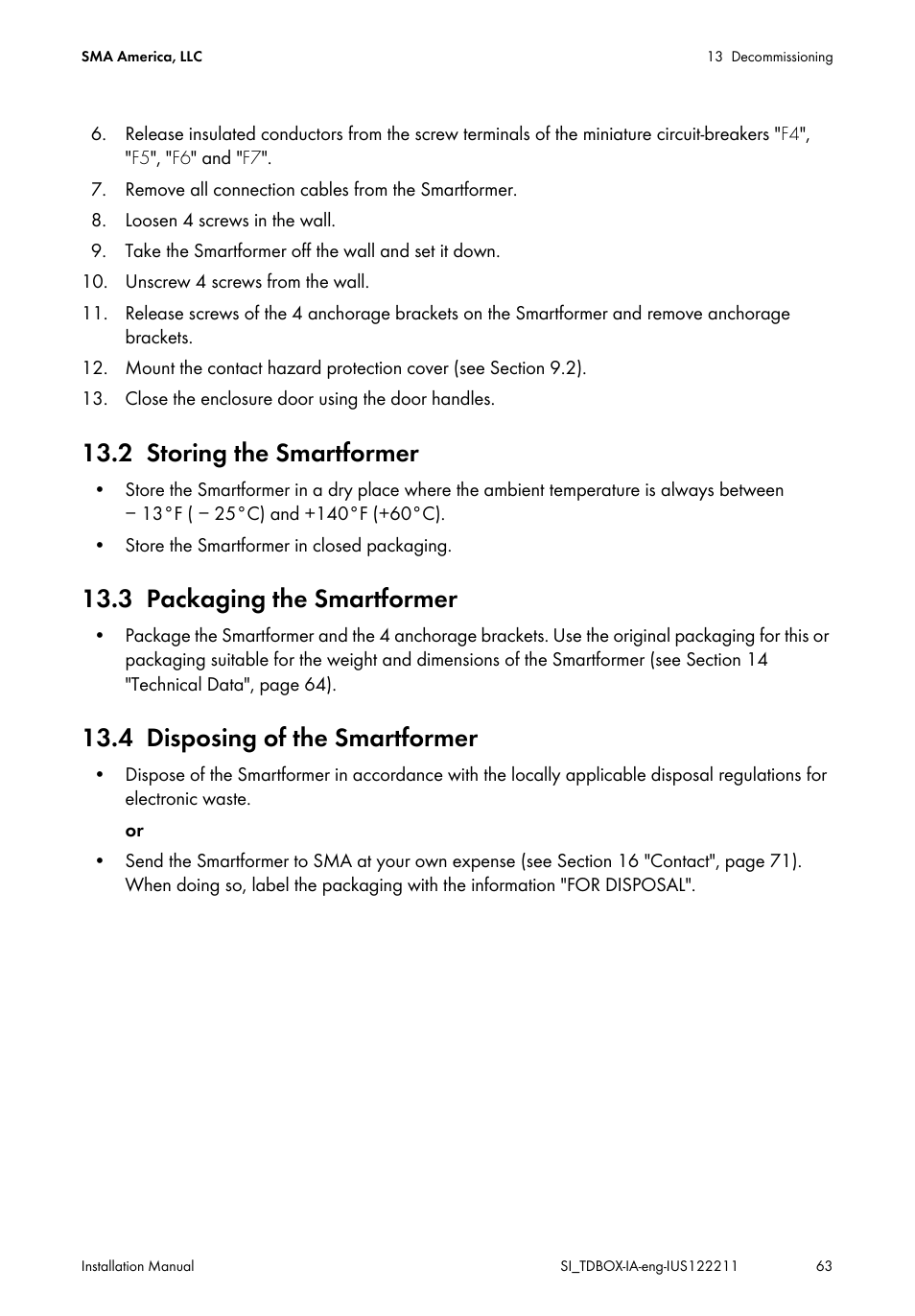 2 storing the smartformer, 3 packaging the smartformer, 4 disposing of the smartformer | Storing the smartformer, Packaging the smartformer, Disposing of the smartformer | SMA SI-TB-BOX-10 User Manual | Page 63 / 72