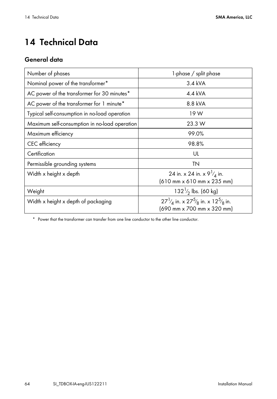 14 technical data, Technical data | SMA SI-TB-BOX-10 User Manual | Page 64 / 72