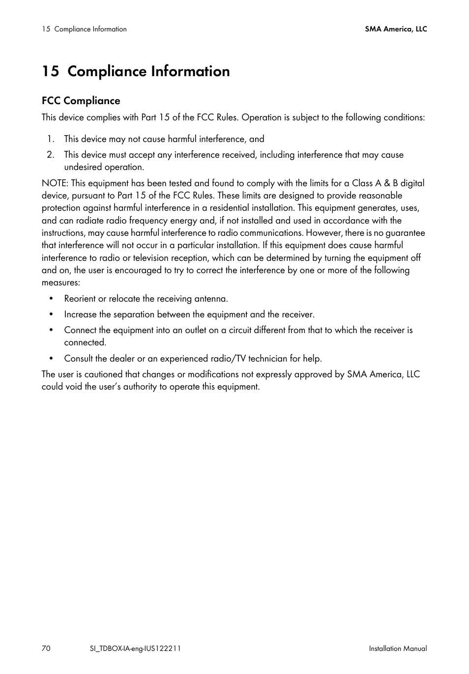 15 compliance information, Compliance information | SMA SI-TB-BOX-10 User Manual | Page 70 / 72
