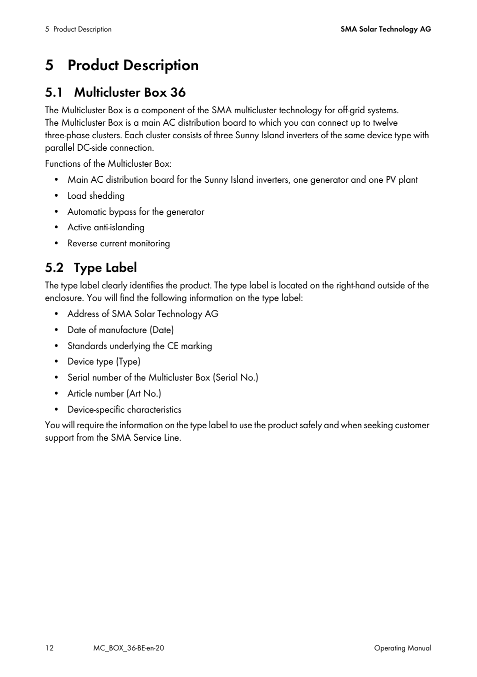 5 product description, 1 multicluster box 36, 2 type label | 1 multicluster box 36 5.2 type label | SMA MULTICLUSTER BOX 36 User Manual | Page 12 / 48