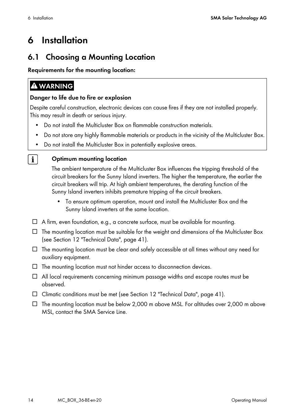 6 installation, 1 choosing a mounting location | SMA MULTICLUSTER BOX 36 User Manual | Page 14 / 48