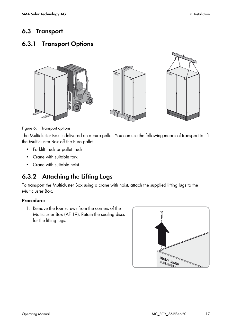 3 transport, 1 transport options, 2 attaching the lifting lugs | 3 transport 6.3.1 transport options | SMA MULTICLUSTER BOX 36 User Manual | Page 17 / 48