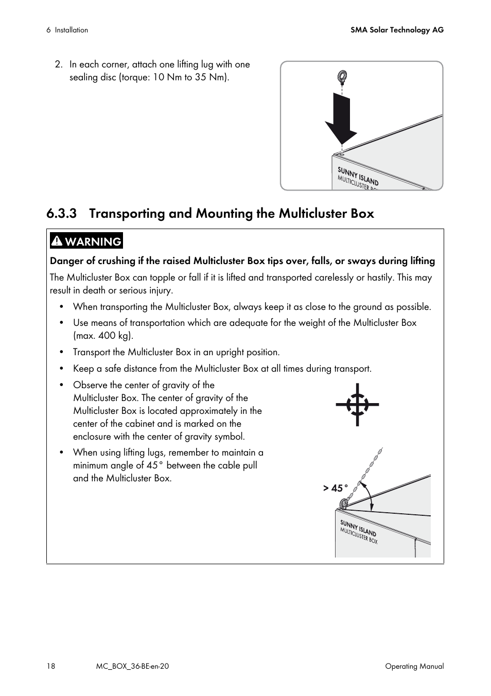 3 transporting and mounting the multicluster box | SMA MULTICLUSTER BOX 36 User Manual | Page 18 / 48