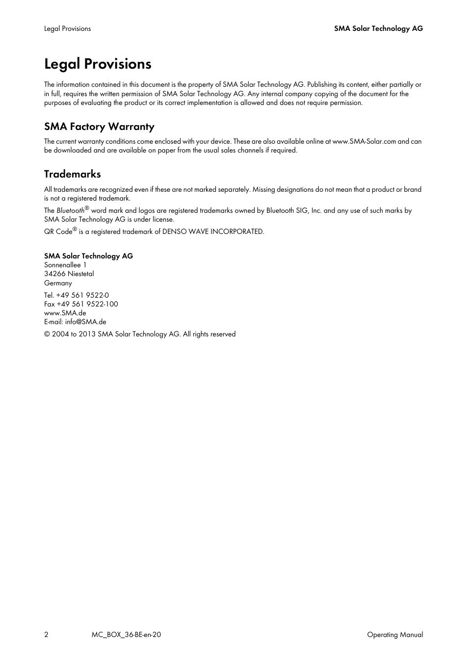 Legal provisions, Sma factory warranty, Trademarks | SMA MULTICLUSTER BOX 36 User Manual | Page 2 / 48