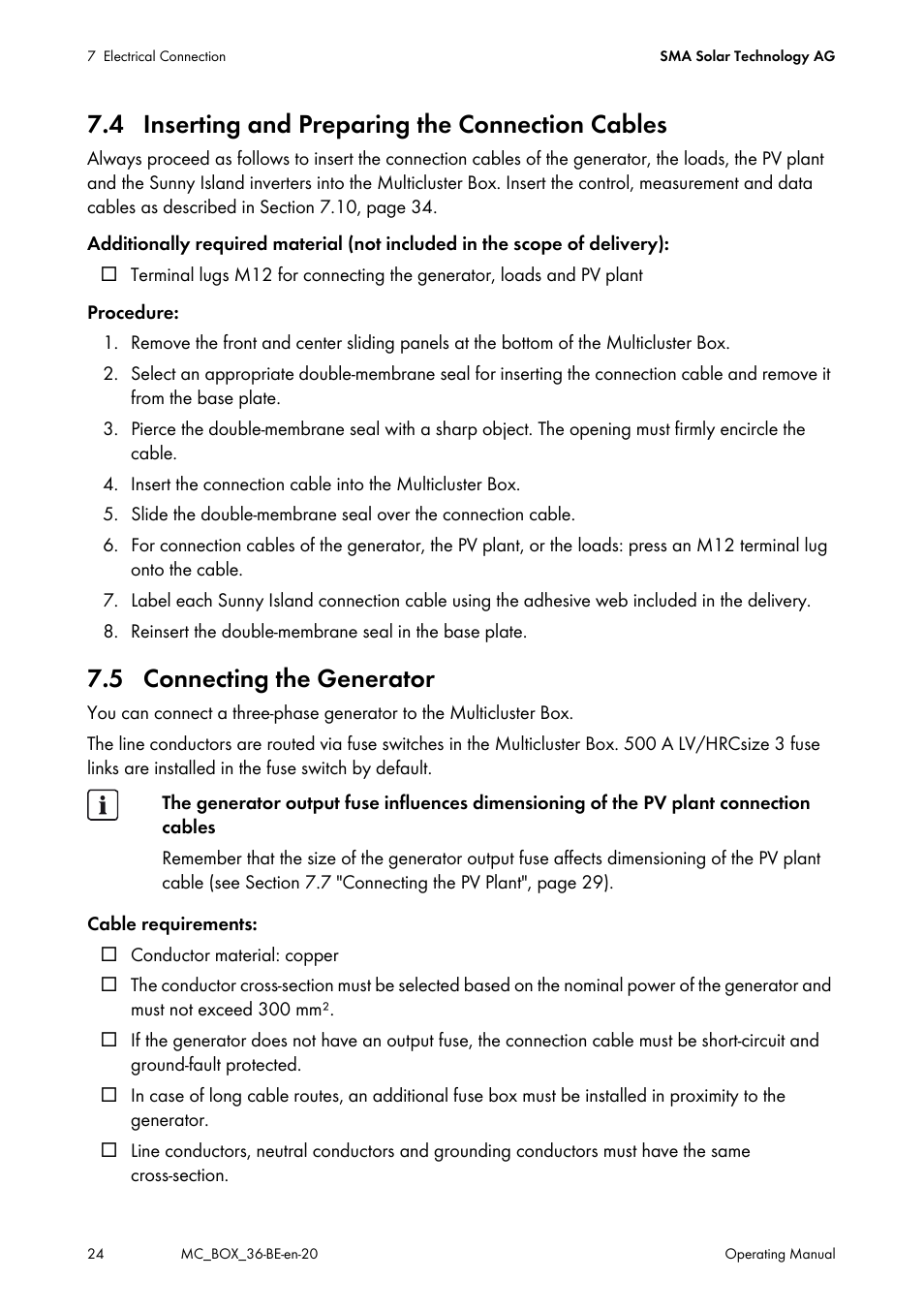 4 inserting and preparing the connection cables, 5 connecting the generator | SMA MULTICLUSTER BOX 36 User Manual | Page 24 / 48