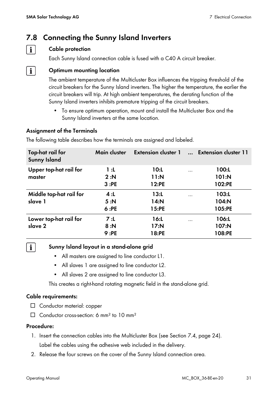 8 connecting the sunny island inverters | SMA MULTICLUSTER BOX 36 User Manual | Page 31 / 48