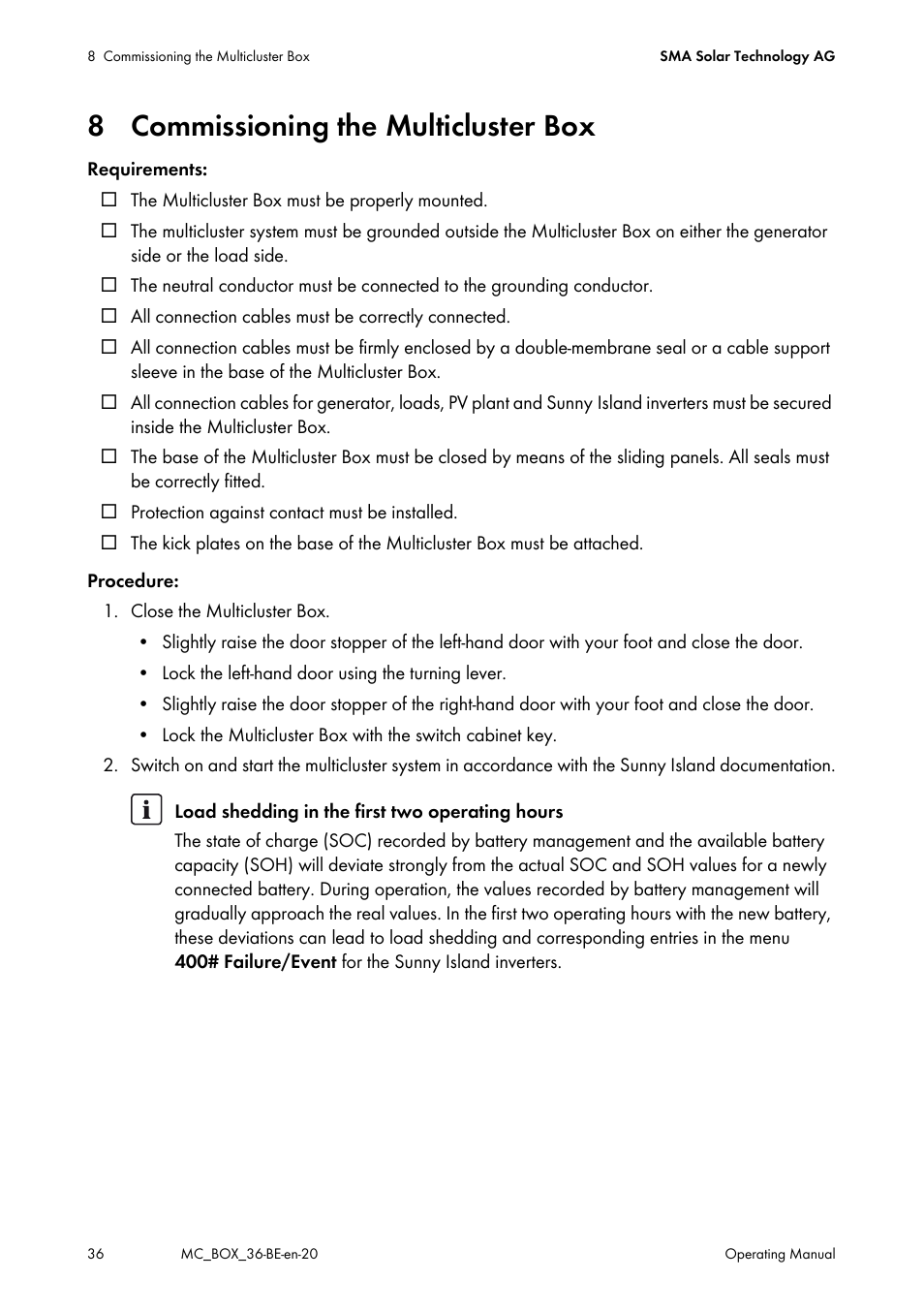 8 commissioning the multicluster box | SMA MULTICLUSTER BOX 36 User Manual | Page 36 / 48