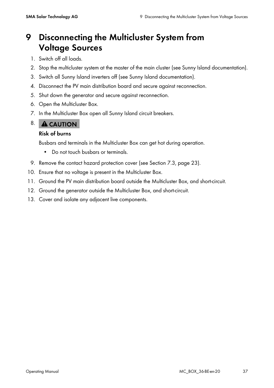 9 disconnecting the multicluster system from, Voltage sources | SMA MULTICLUSTER BOX 36 User Manual | Page 37 / 48