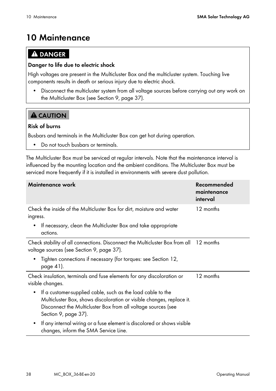 10 maintenance | SMA MULTICLUSTER BOX 36 User Manual | Page 38 / 48