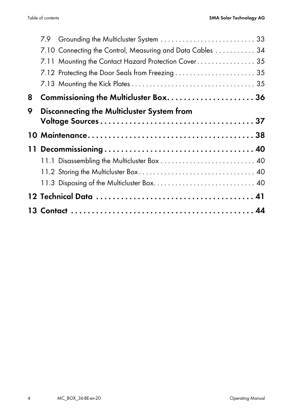 12 technical data 13 contact | SMA MULTICLUSTER BOX 36 User Manual | Page 4 / 48