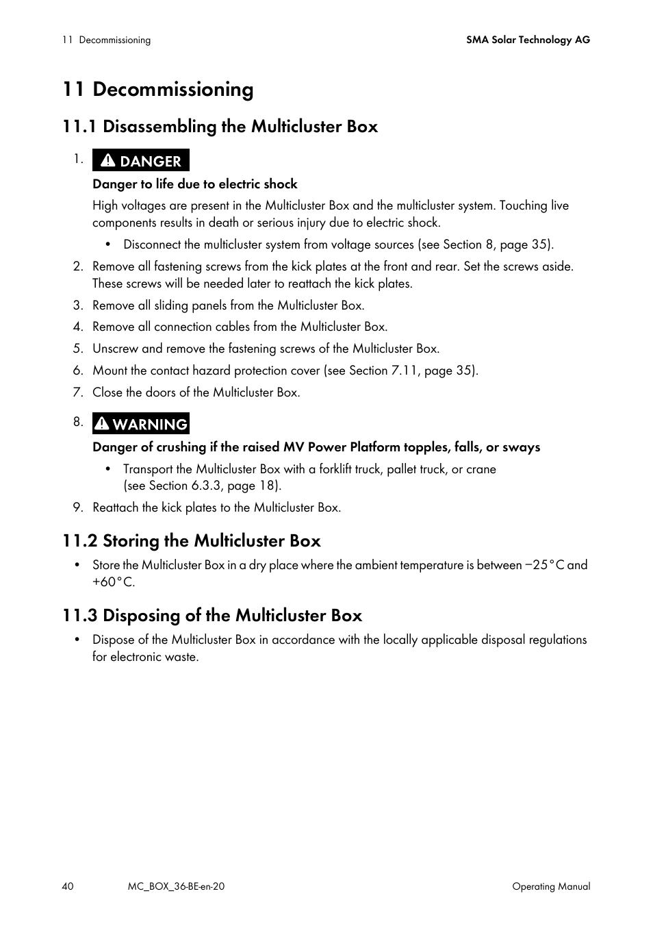11 decommissioning, 1 disassembling the multicluster box, 2 storing the multicluster box | 3 disposing of the multicluster box | SMA MULTICLUSTER BOX 36 User Manual | Page 40 / 48