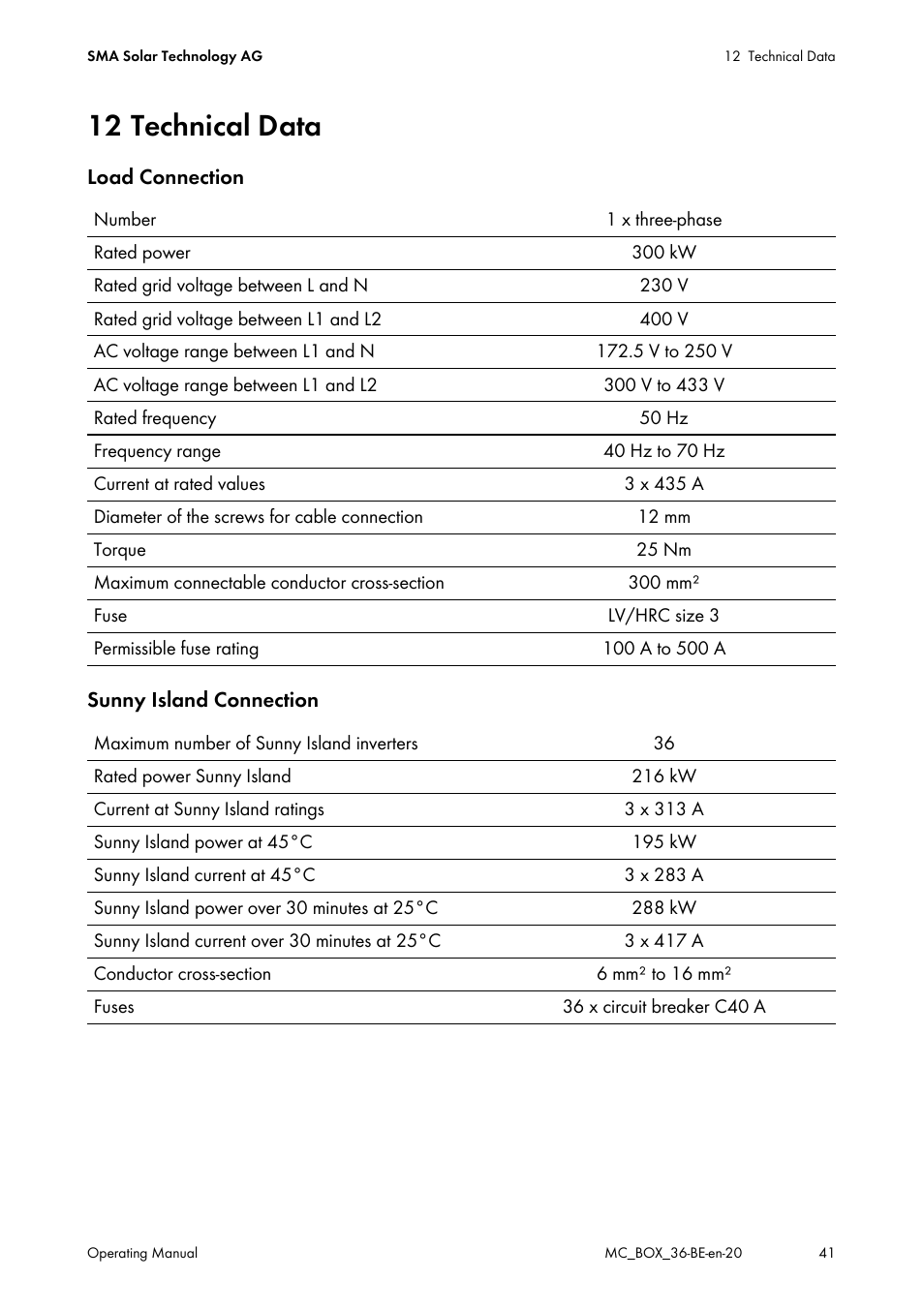 12 technical data, Torques: see section 12 | SMA MULTICLUSTER BOX 36 User Manual | Page 41 / 48