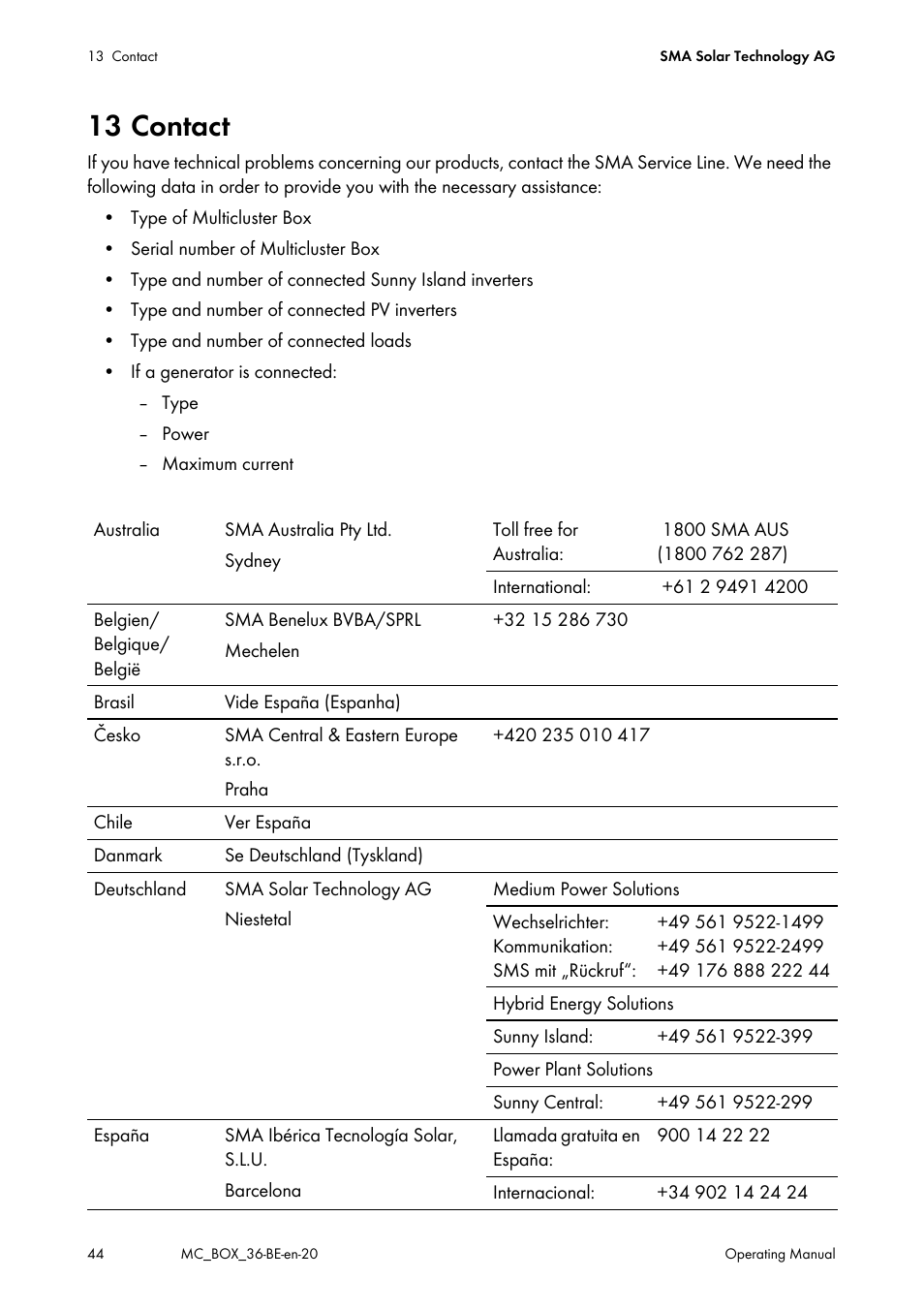 13 contact | SMA MULTICLUSTER BOX 36 User Manual | Page 44 / 48