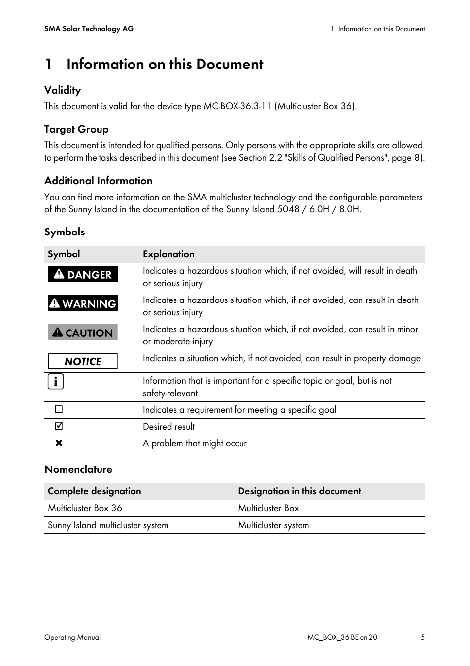 1 information on this document | SMA MULTICLUSTER BOX 36 User Manual | Page 5 / 48