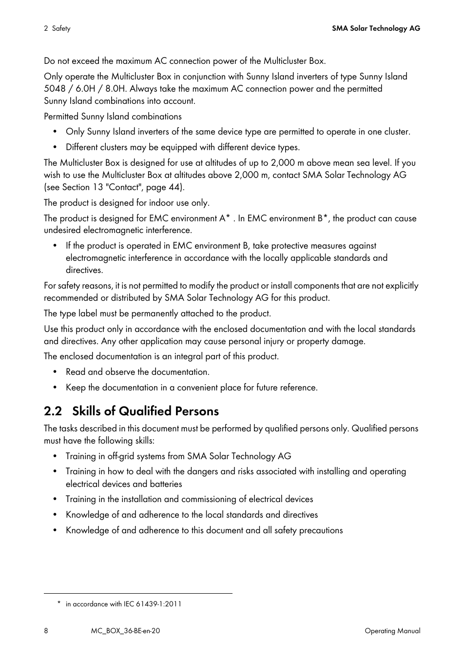 2 skills of qualified persons | SMA MULTICLUSTER BOX 36 User Manual | Page 8 / 48