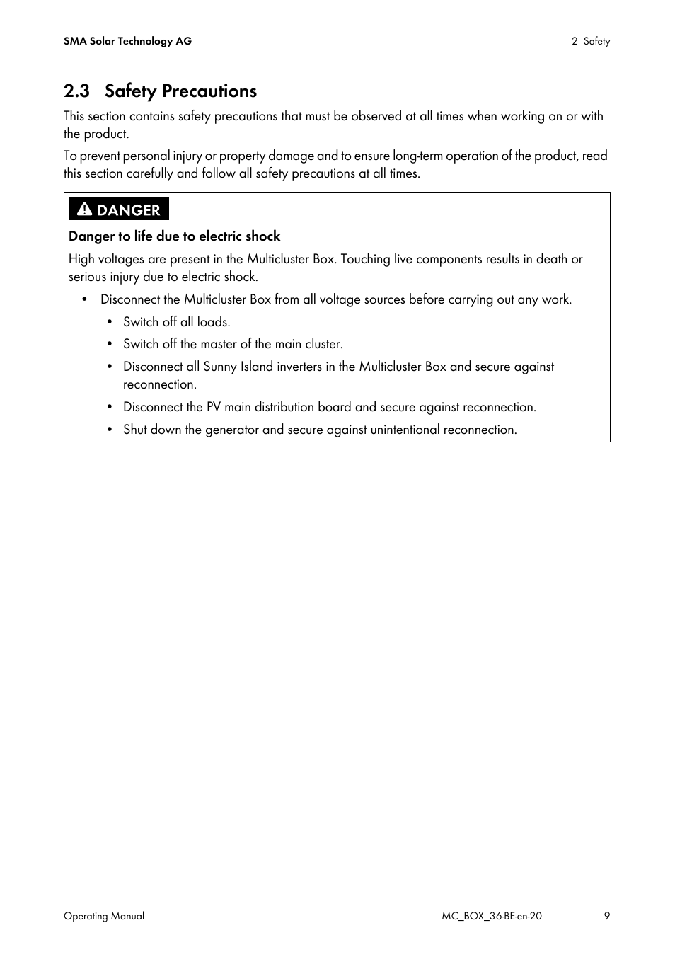3 safety precautions | SMA MULTICLUSTER BOX 36 User Manual | Page 9 / 48
