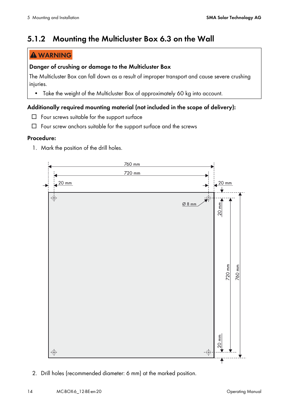 2 mounting the multicluster box 6.3 on the wall | SMA MC-Box 6.3 User Manual | Page 14 / 48