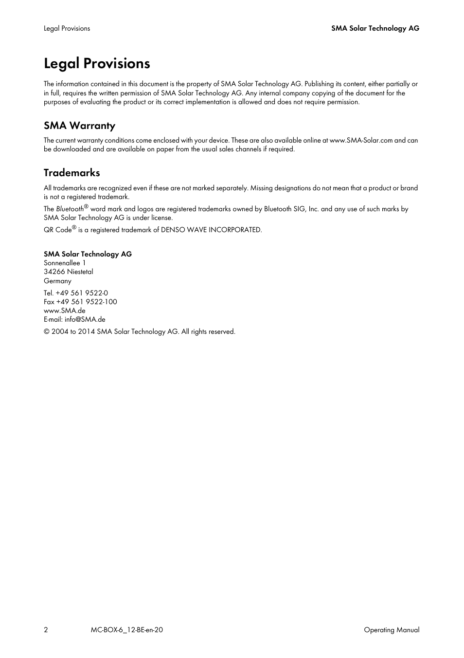 Legal provisions, Sma warranty, Trademarks | SMA MC-Box 6.3 User Manual | Page 2 / 48