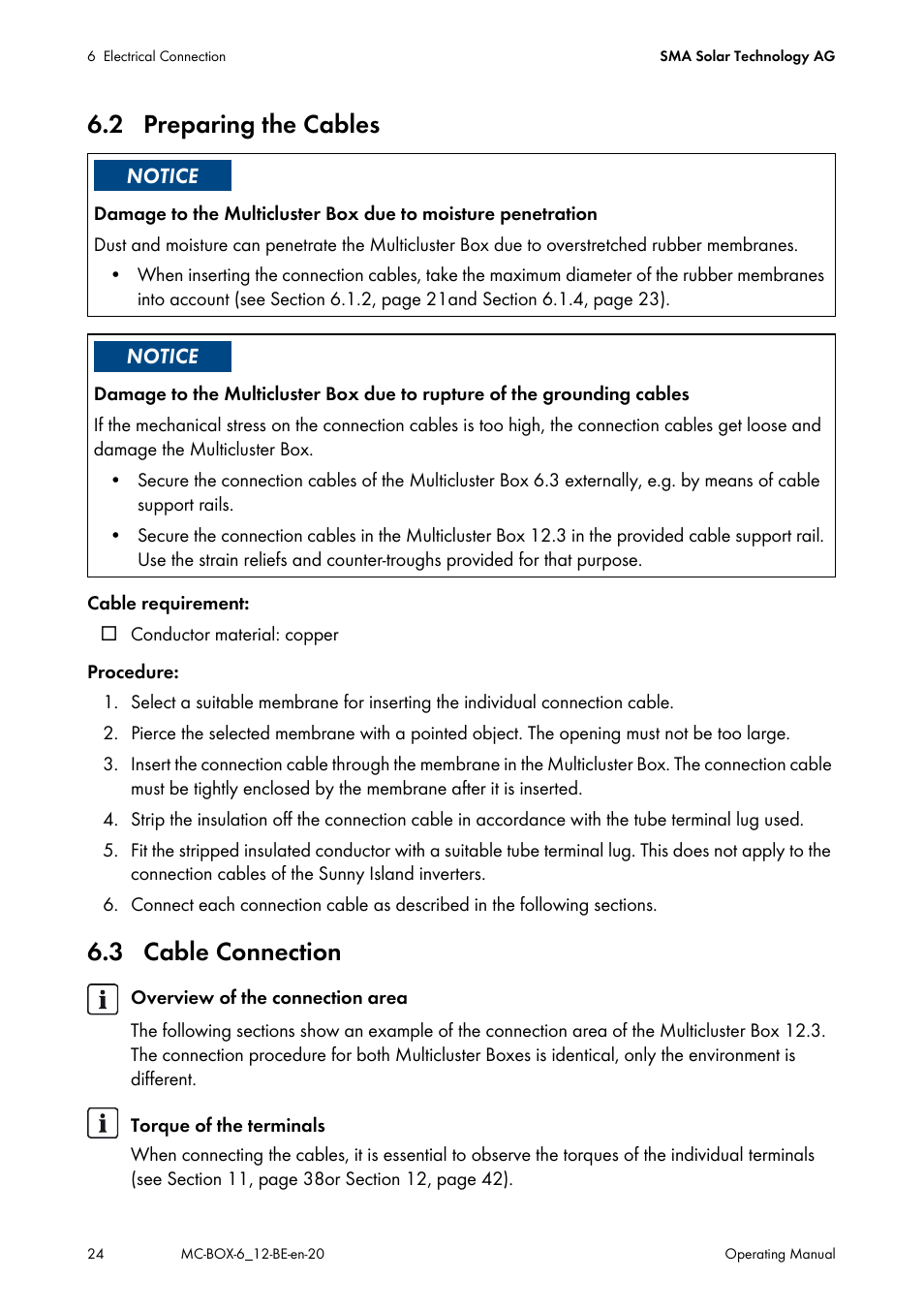 2 preparing the cables, 3 cable connection, 2 preparing the cables 6.3 cable connection | SMA MC-Box 6.3 User Manual | Page 24 / 48