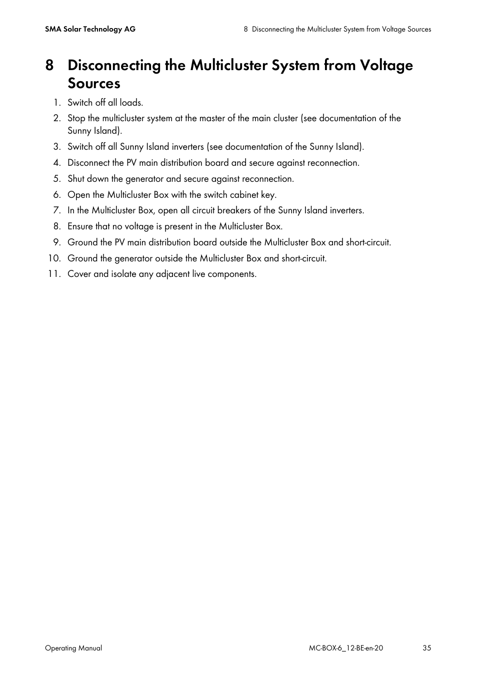 8 disconnecting the multicluster system from, Voltage sources | SMA MC-Box 6.3 User Manual | Page 35 / 48