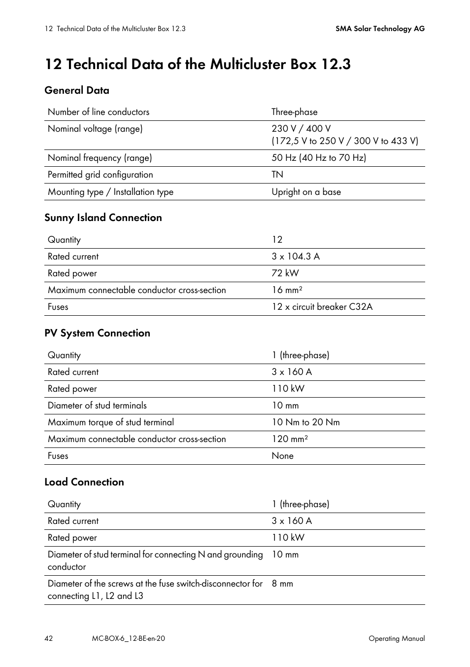 12 technical data of the multicluster box 12.3 | SMA MC-Box 6.3 User Manual | Page 42 / 48