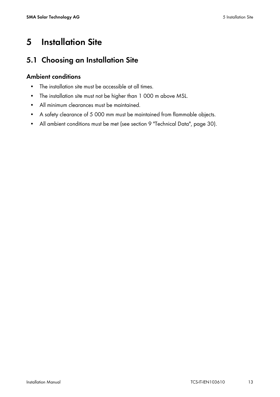 5 installation site, 1 choosing an installation site, Installation site | Choosing an installation site | SMA TCS 500-SC User Manual | Page 13 / 40