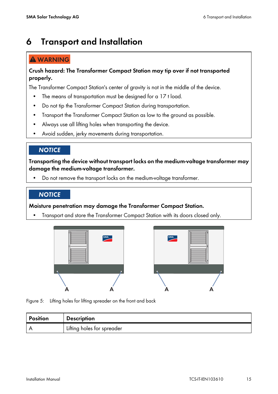 6 transport and installation, Transport and installation | SMA TCS 500-SC User Manual | Page 15 / 40