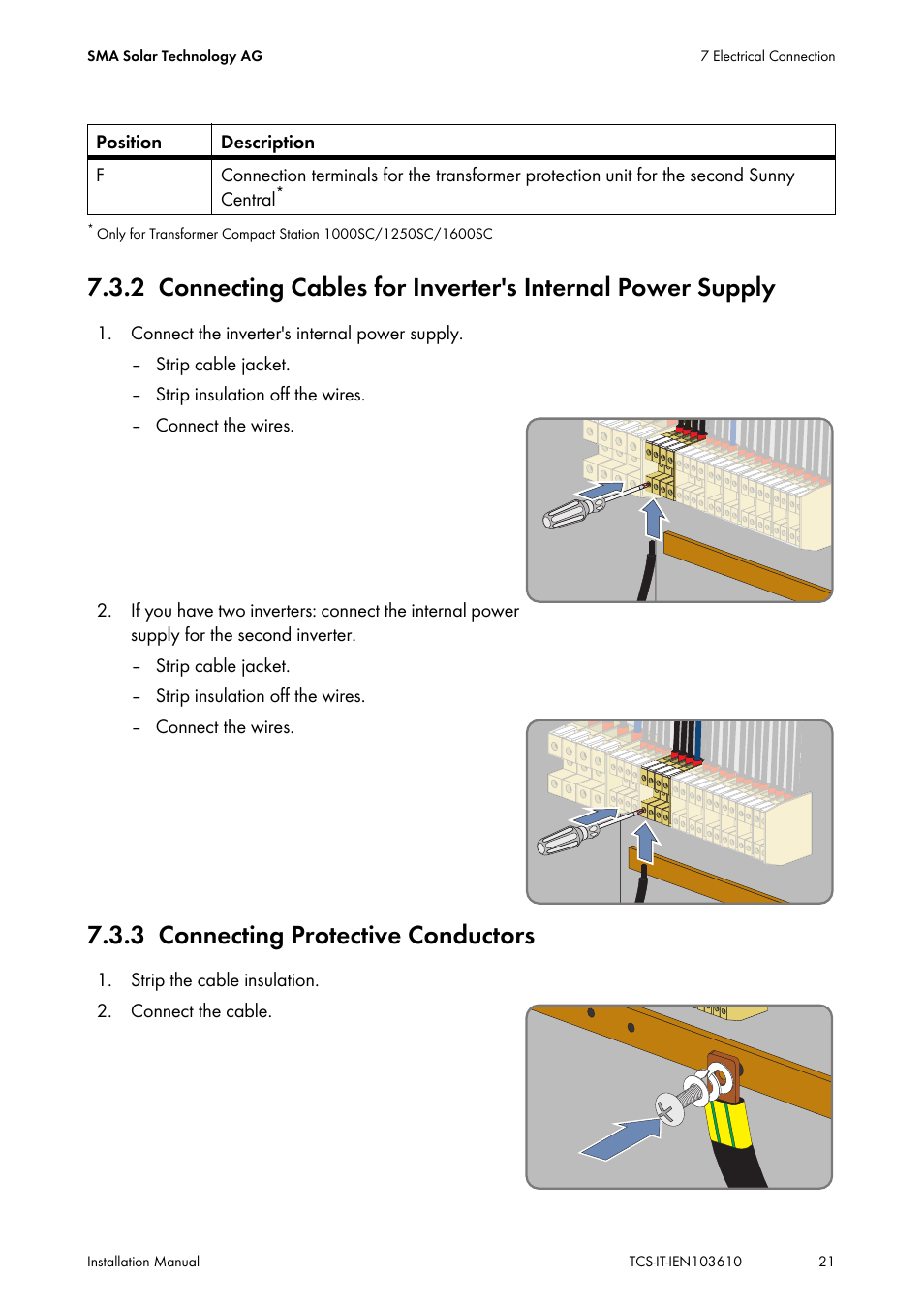 3 connecting protective conductors, Connecting protective conductors, Section 7.3.2 | Ction 7.3.3 | SMA TCS 500-SC User Manual | Page 21 / 40