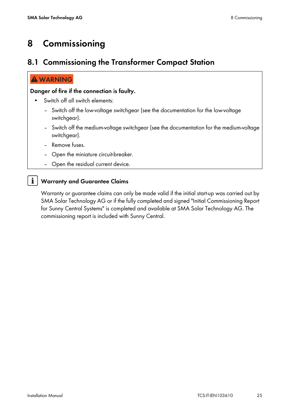 8 commissioning, 1 commissioning the transformer compact station, Commissioning | Commissioning the transformer compact station | SMA TCS 500-SC User Manual | Page 25 / 40