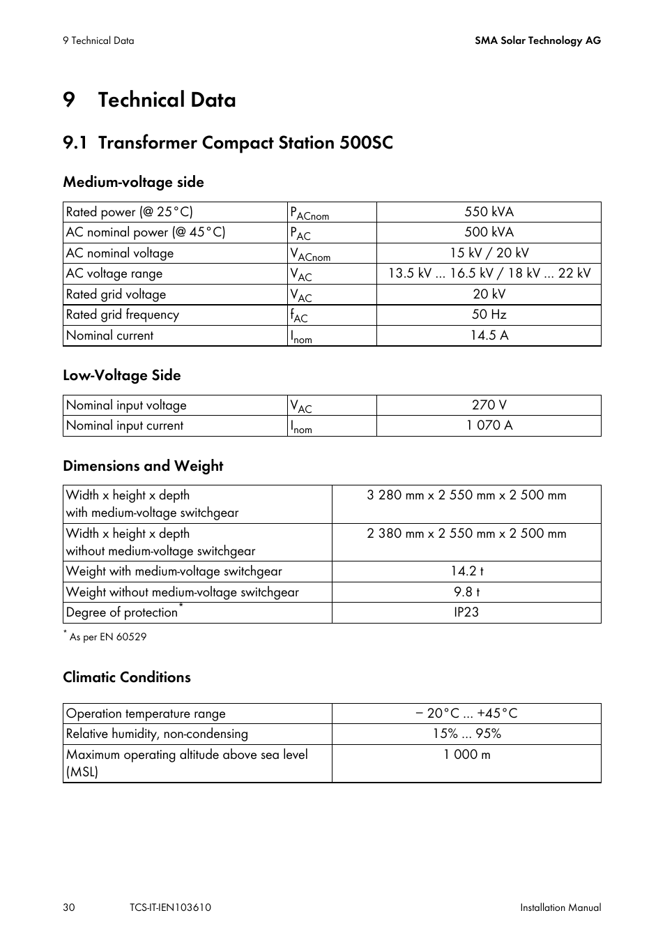 9 technical data, 1 transformer compact station 500sc, Technical data | Transformer compact station 500sc | SMA TCS 500-SC User Manual | Page 30 / 40
