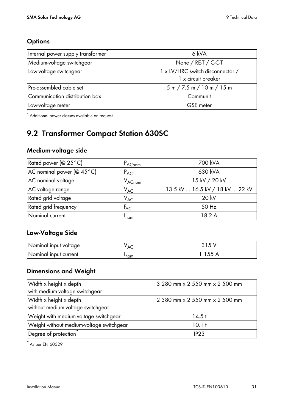 2 transformer compact station 630sc, Transformer compact station 630sc | SMA TCS 500-SC User Manual | Page 31 / 40
