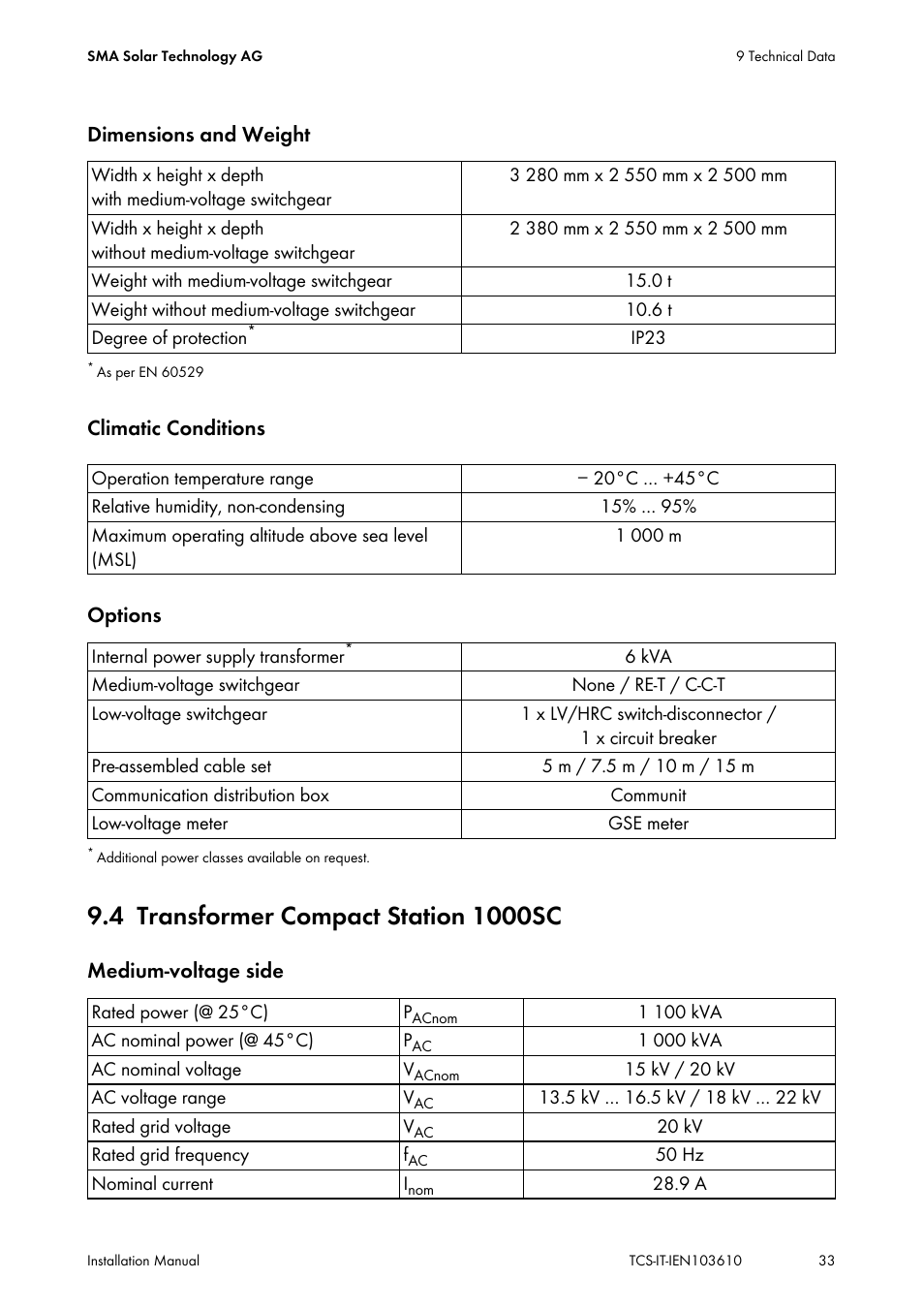 4 transformer compact station 1000sc, Transformer compact station 1000sc | SMA TCS 500-SC User Manual | Page 33 / 40