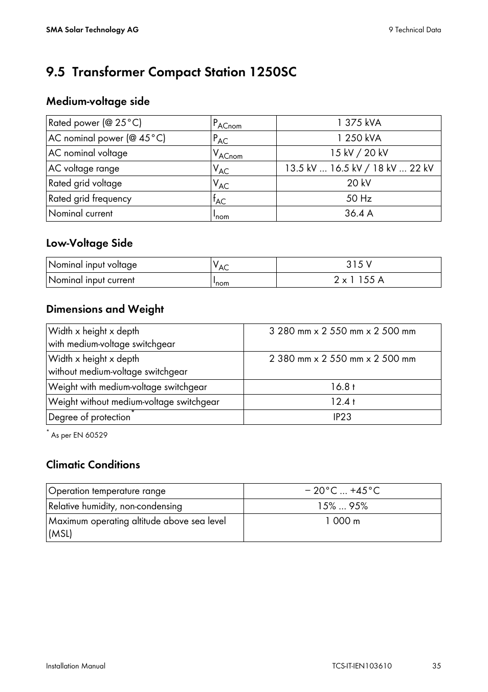 5 transformer compact station 1250sc, Transformer compact station 1250sc | SMA TCS 500-SC User Manual | Page 35 / 40