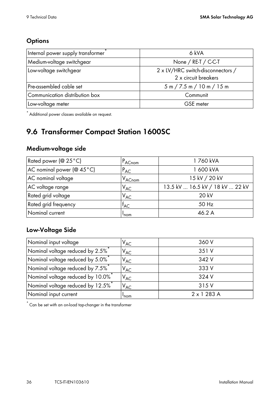 6 transformer compact station 1600sc, Transformer compact station 1600sc | SMA TCS 500-SC User Manual | Page 36 / 40